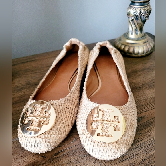 Tory Burch Reva Textured Snake Leather Ballet Flat Shoes Natural Sand US8 - Picture 8 of 16